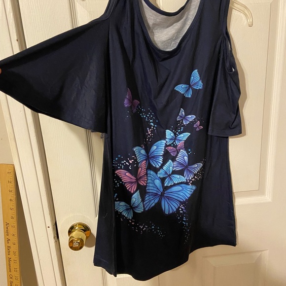 Women's Navy Blue Butterfly Print Cold Shoulder Top - Picture 2 of 5